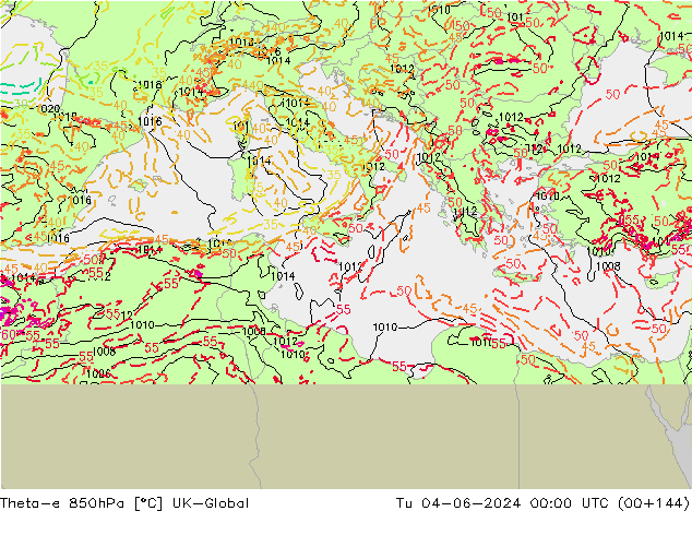 Theta-e 850hPa UK-Global di 04.06.2024 00 UTC