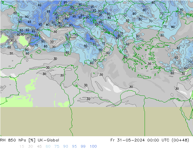 RH 850 hPa UK-Global Fr 31.05.2024 00 UTC