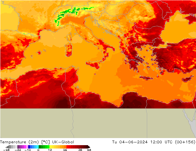 Sıcaklık Haritası (2m) UK-Global Sa 04.06.2024 12 UTC