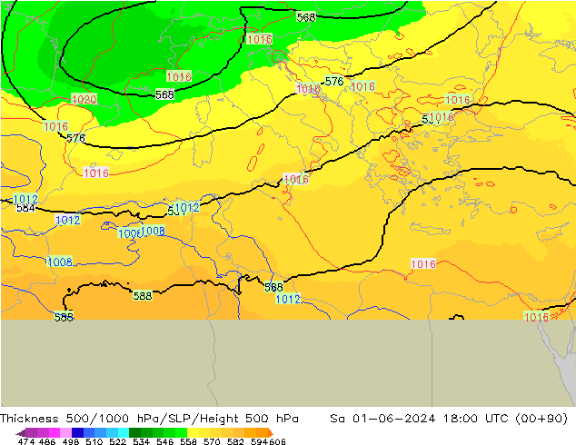 Espesor 500-1000 hPa UK-Global sáb 01.06.2024 18 UTC