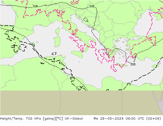 Height/Temp. 700 hPa UK-Global  29.05.2024 06 UTC
