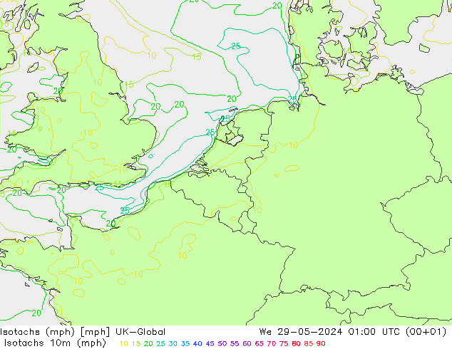 Isotachs (mph) UK-Global 星期三 29.05.2024 01 UTC