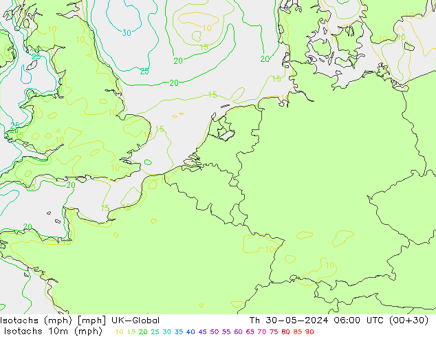 Isotachs (mph) UK-Global gio 30.05.2024 06 UTC