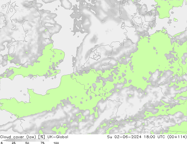 Bewolking (Laag) UK-Global zo 02.06.2024 18 UTC
