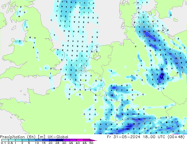 Précipitation (6h) UK-Global ven 31.05.2024 00 UTC