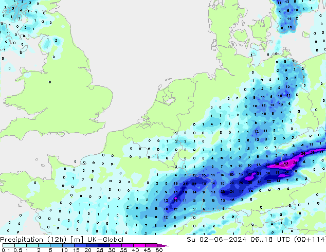 Precipitation (12h) UK-Global Su 02.06.2024 18 UTC