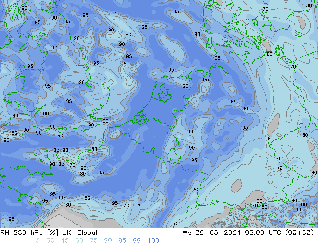 RH 850 hPa UK-Global We 29.05.2024 03 UTC