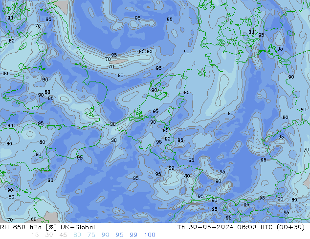 Humedad rel. 850hPa UK-Global jue 30.05.2024 06 UTC