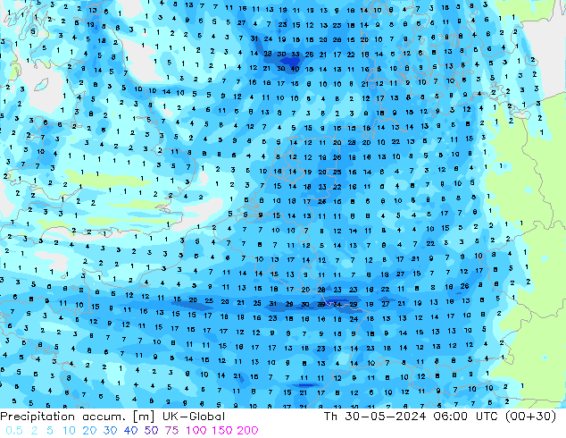 Precipitation accum. UK-Global Th 30.05.2024 06 UTC