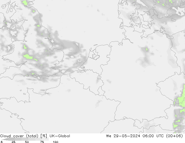 Cloud cover (total) UK-Global St 29.05.2024 06 UTC