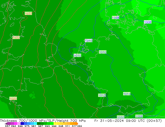 Thck 700-1000 hPa UK-Global ven 31.05.2024 09 UTC