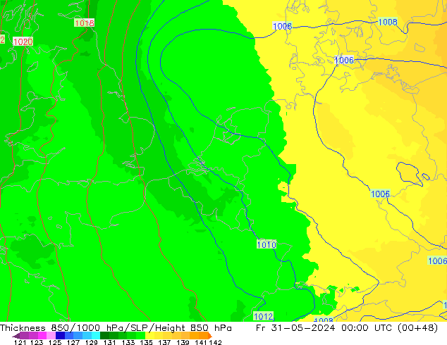 Espesor 850-1000 hPa UK-Global vie 31.05.2024 00 UTC