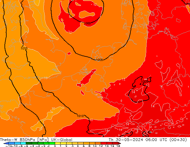 Theta-W 850hPa UK-Global Do 30.05.2024 06 UTC