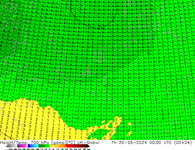 Height/Temp. 700 hPa UK-Global czw. 30.05.2024 00 UTC