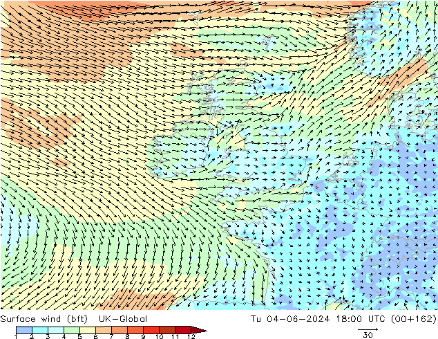 Vent 10 m (bft) UK-Global mar 04.06.2024 18 UTC