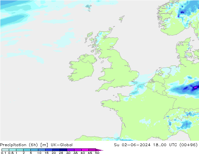 Precipitation (6h) UK-Global Su 02.06.2024 00 UTC