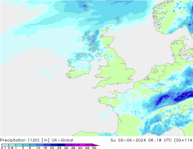 Totale neerslag (12h) UK-Global zo 02.06.2024 18 UTC