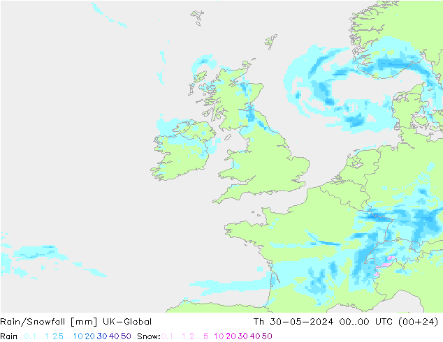 Rain/Snowfall UK-Global czw. 30.05.2024 00 UTC