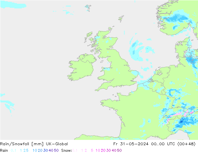 Rain/Snowfall UK-Global ven 31.05.2024 00 UTC