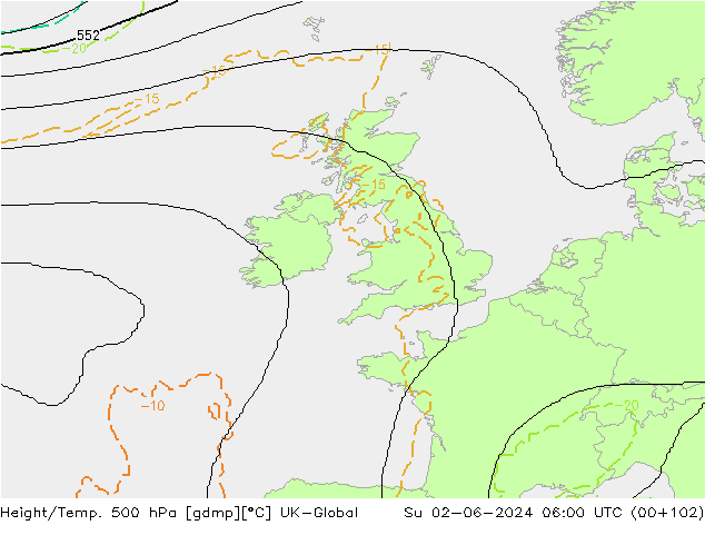 Height/Temp. 500 hPa UK-Global Su 02.06.2024 06 UTC