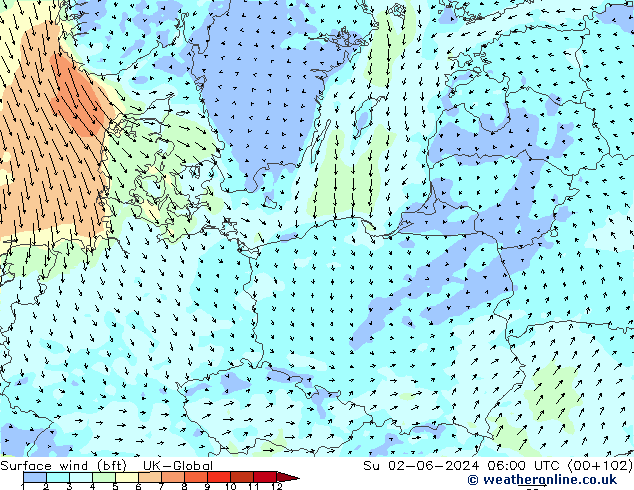 Vento 10 m (bft) UK-Global Dom 02.06.2024 06 UTC