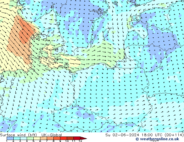 Surface wind (bft) UK-Global Su 02.06.2024 18 UTC