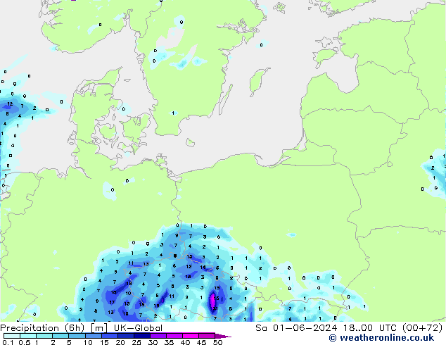 Precipitation (6h) UK-Global So 01.06.2024 00 UTC