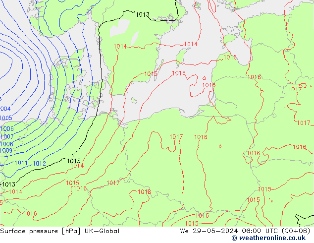 Surface pressure UK-Global We 29.05.2024 06 UTC