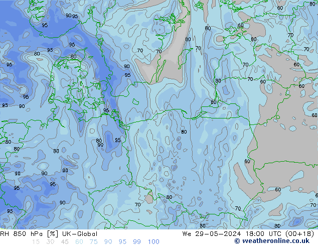 Humidité rel. 850 hPa UK-Global mer 29.05.2024 18 UTC