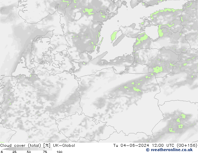 Cloud cover (total) UK-Global Út 04.06.2024 12 UTC