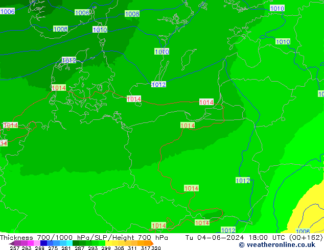 Thck 700-1000 hPa UK-Global Tu 04.06.2024 18 UTC