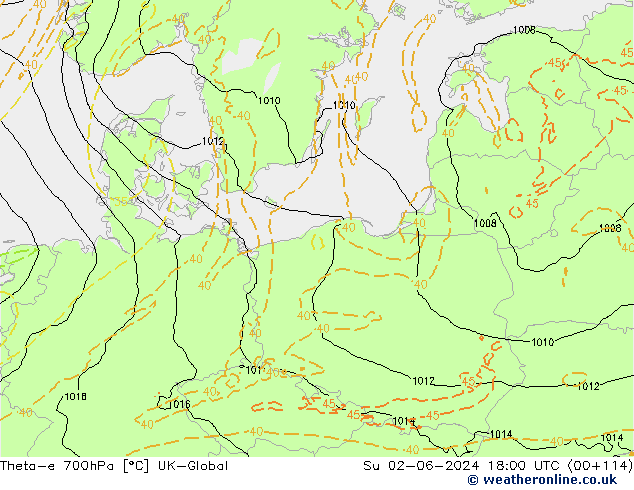 Theta-e 700hPa UK-Global Dom 02.06.2024 18 UTC