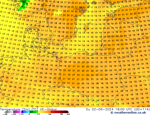 Temperatura (2m) UK-Global Dom 02.06.2024 18 UTC