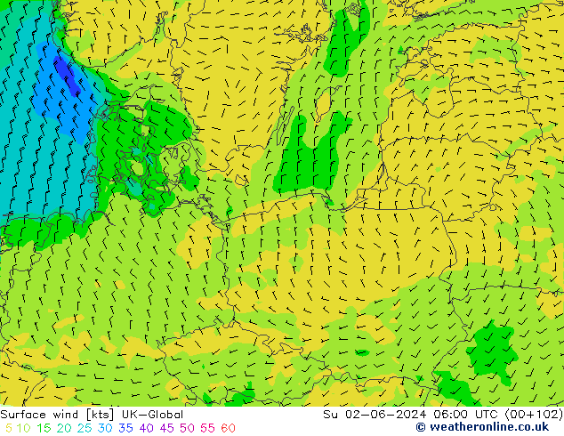 Wind 10 m UK-Global zo 02.06.2024 06 UTC