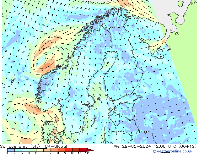 Viento 10 m (bft) UK-Global mié 29.05.2024 12 UTC