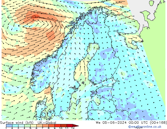 Surface wind (bft) UK-Global We 05.06.2024 00 UTC