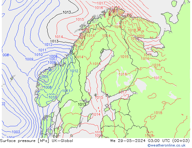 Pressione al suolo UK-Global mer 29.05.2024 03 UTC