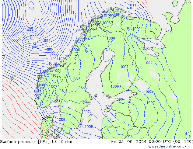 Pressione al suolo UK-Global lun 03.06.2024 00 UTC