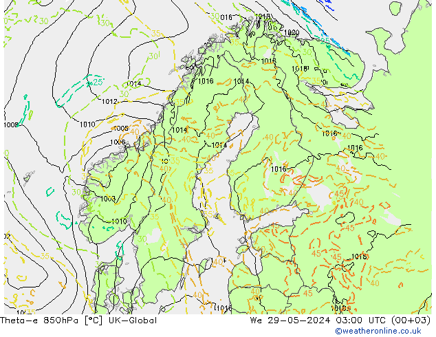 Theta-e 850hPa UK-Global Qua 29.05.2024 03 UTC