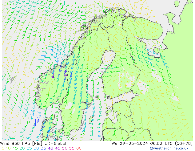 Vent 850 hPa UK-Global mer 29.05.2024 06 UTC