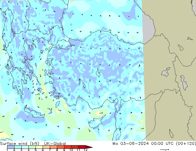 Viento 10 m (bft) UK-Global lun 03.06.2024 00 UTC