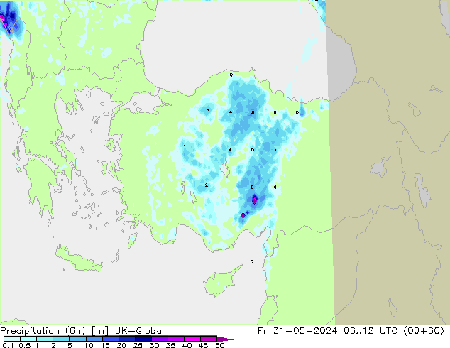 Totale neerslag (6h) UK-Global vr 31.05.2024 12 UTC