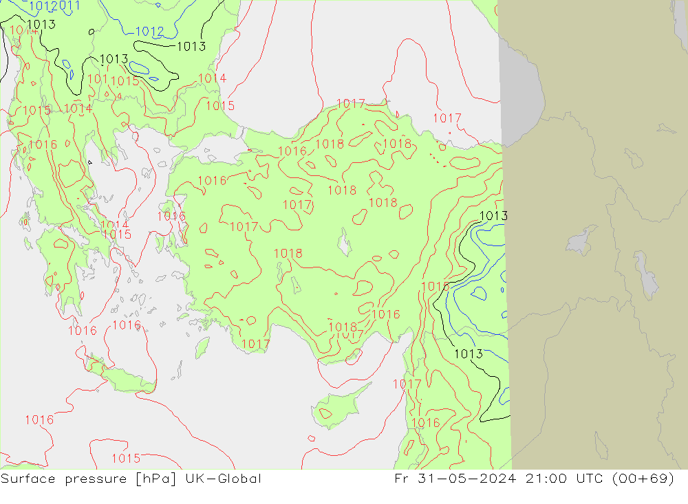 Pressione al suolo UK-Global ven 31.05.2024 21 UTC