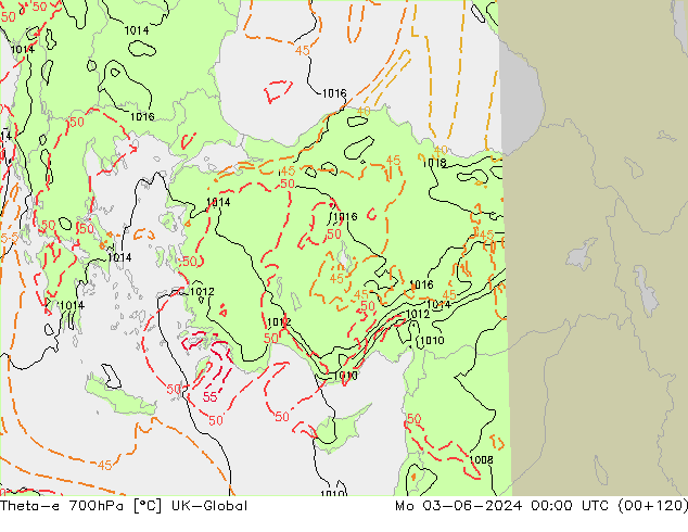 Theta-e 700hPa UK-Global Mo 03.06.2024 00 UTC
