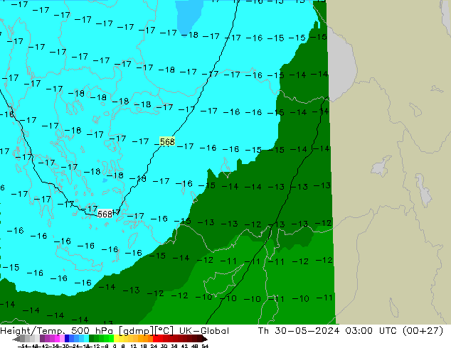 Height/Temp. 500 hPa UK-Global Th 30.05.2024 03 UTC