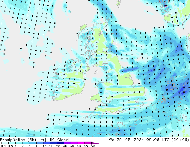 Totale neerslag (6h) UK-Global wo 29.05.2024 06 UTC