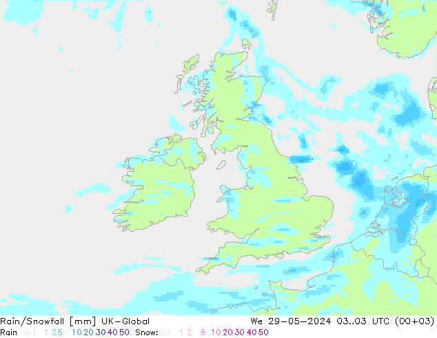 Rain/Snowfall UK-Global śro. 29.05.2024 03 UTC