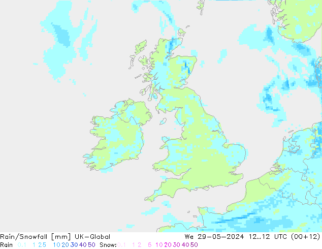 Rain/Snowfall UK-Global mer 29.05.2024 12 UTC