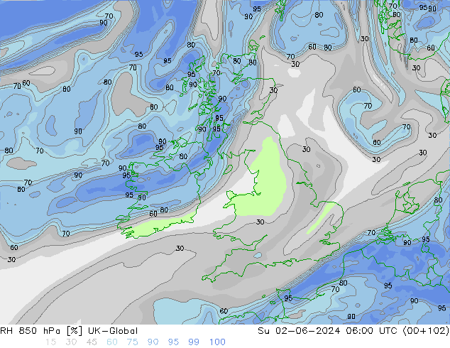 RH 850 hPa UK-Global Ne 02.06.2024 06 UTC