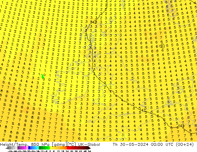 Hoogte/Temp. 850 hPa UK-Global do 30.05.2024 00 UTC